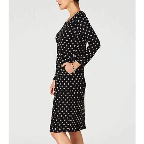 J. Jill Geometric Print Jersey Knit Shirt Dress Pockets Large Black Red - Picture 5 of 6
